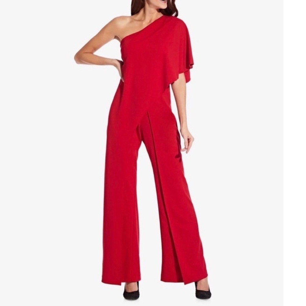 Adrianna‎ Papell One Shoulder Wide Leg Jumpsuit 10/P Draped Flutter Sleeve Red